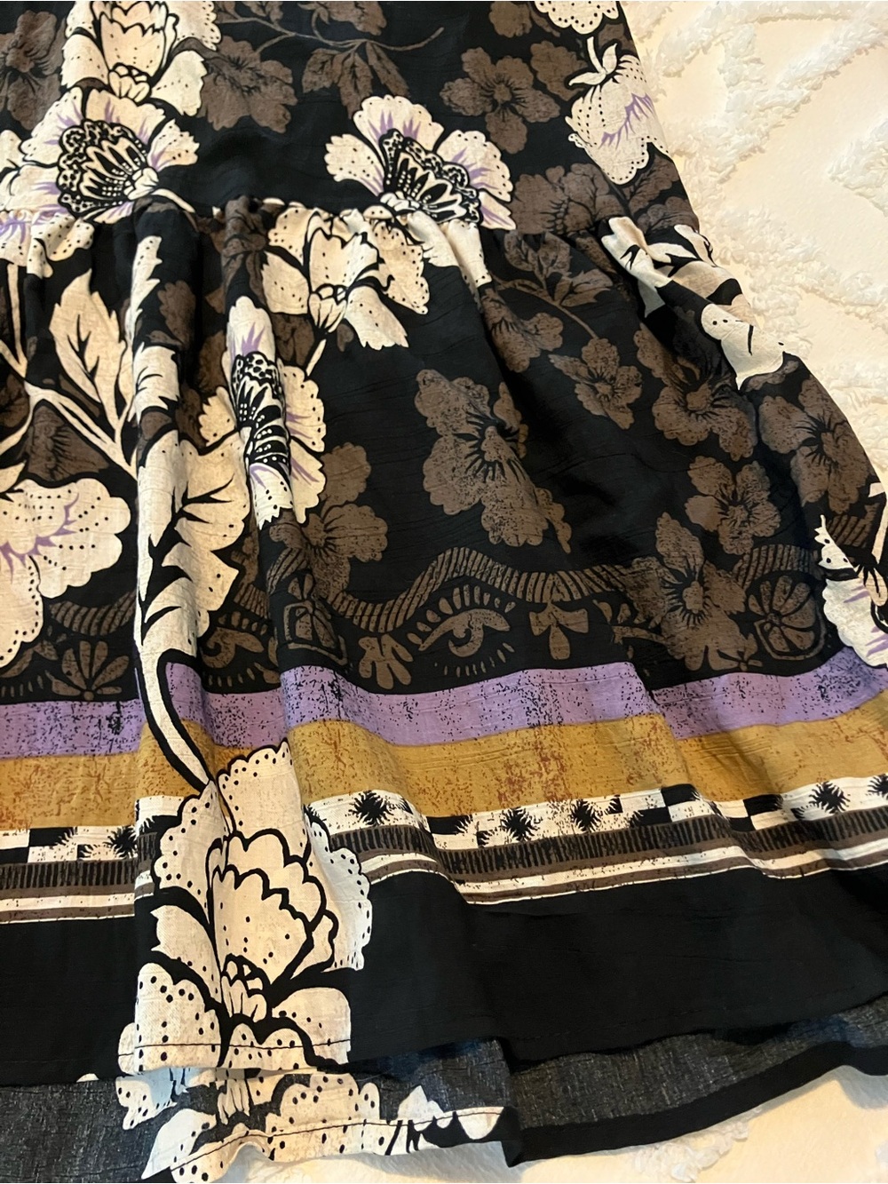Black Floral Midi Dress with Cream Flowers and Purple Trim - Picture 4 of 4
